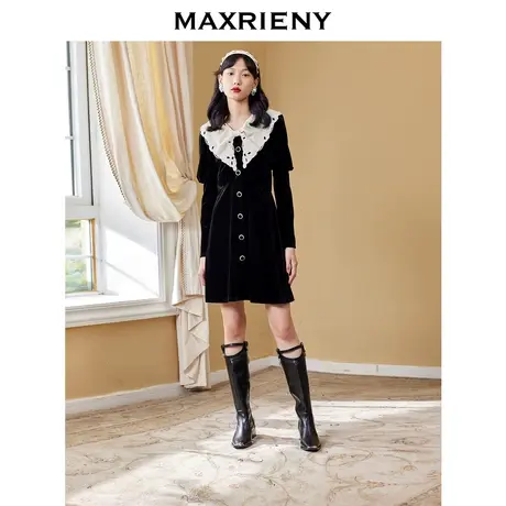 MAXRIENY法式赫本丝绒小黑裙秋季连衣裙蝴蝶结图片