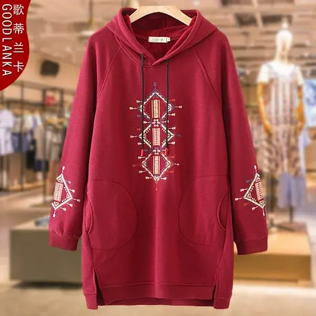 加肥加大码女中年胖妈妈卫衣宽松显瘦中长连帽加绒绣花外套200斤商品大图