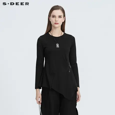 【直播间专属】sdeer圣迪奥个性圆领拼接不规则长袖T恤S20480208图片