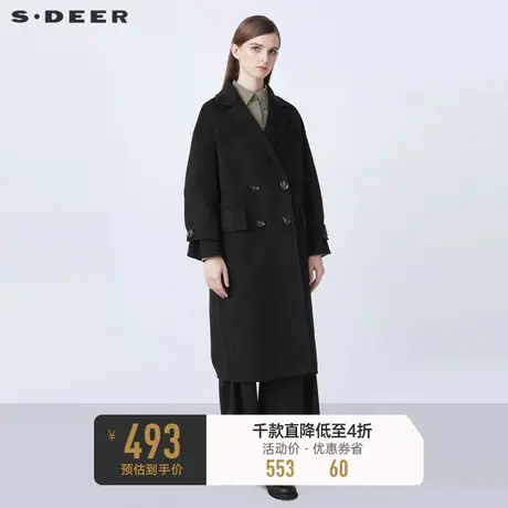 sdeer圣迪奥冬装休闲西装领双排扣格纹毛呢大衣S21461807图片