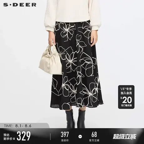 sdeer圣迪奥女装25年新品田园风高腰松紧绣花A字长裙S253Z1113图片