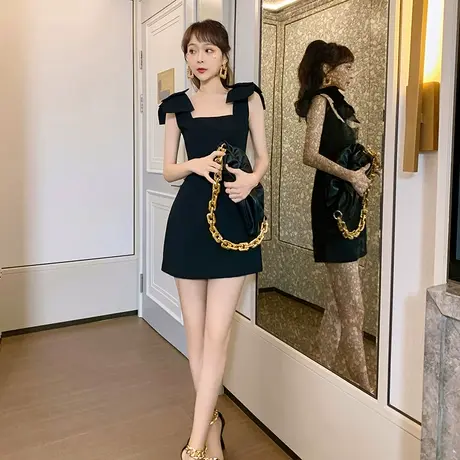 轻熟风减龄洋气连衣裙女蝴蝶结吊带气质收腰方领小个子短款a字裙图片