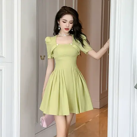 轻熟风高定御姐连衣裙女优雅修身小清新绿色泡泡袖蓬蓬裙短款夏季图片