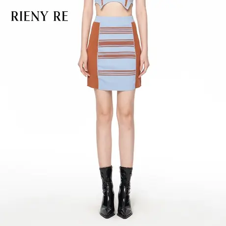 RIENYRE裙子女春秋季时尚百搭复古撞色裙子法式气质拼接针织半裙图片