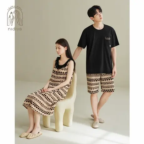 妮狄娅夏季情侣睡衣女纯棉带胸垫背心睡裙男休闲可外穿家居服套装图片