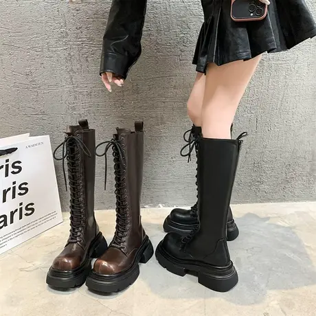 靴子女2023新款超火显瘦厚底增高ins炸街高筒靴时装粗跟骑士靴秋商品大图