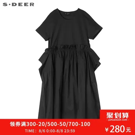 sdeer圣迪奥2018秋装圆领荷叶高腰大摆假两件连衣裙女S18181202图片