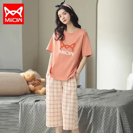 猫人女睡衣2022年新款夏季纯棉薄款短袖短裤圆领套装可外穿家居服商品大图