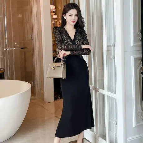 法式拼接假V领蕾丝连衣裙秋季复古显瘦女神范气质收腰鱼尾长裙子图片
