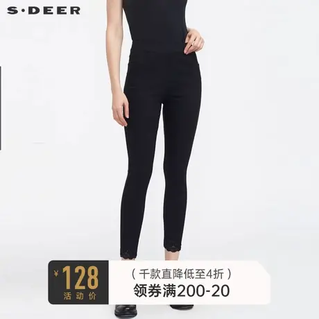 sdeer圣迪奥秋装休闲松紧蕾丝拼接修身黑色长裤S21180825商品大图