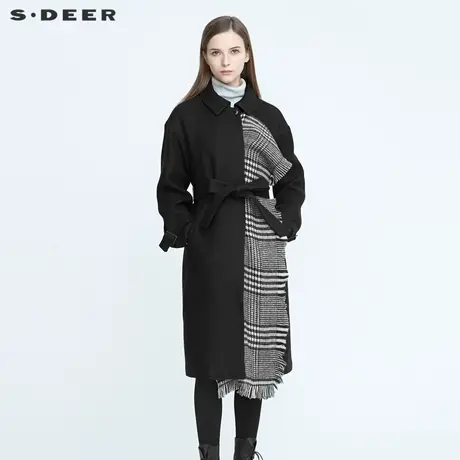 【直播间专属】sdeer圣迪奥格纹流苏拼接收腰毛呢大衣S20481821图片