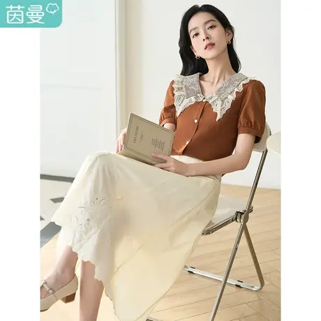 茵曼温柔气质半身裙2023夏女装新款高腰镂空绣花裙摆中长款裙子图片