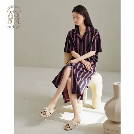 妮狄娅睡衣睡裙女夏薄款纯棉宽松BF风条纹衬衫裙休闲可外穿家居服图片