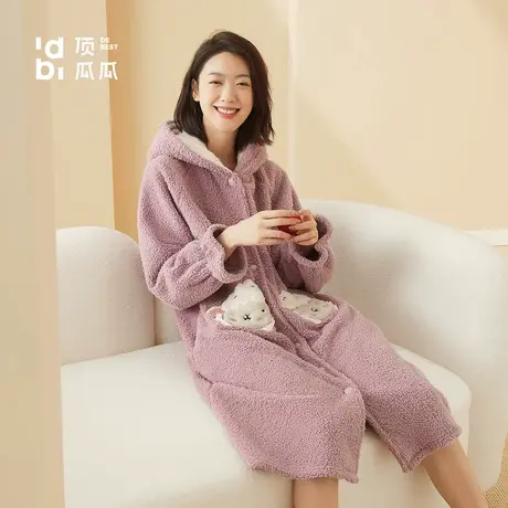 顶瓜瓜秋冬女士珊瑚绒卡通连帽睡袍舒适加绒加厚顶呱呱浴袍睡裙图片