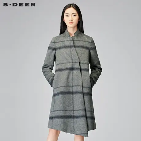 sdeer圣迪奥女格纹金属装饰中长款羊毛毛呢大衣S17481806图片