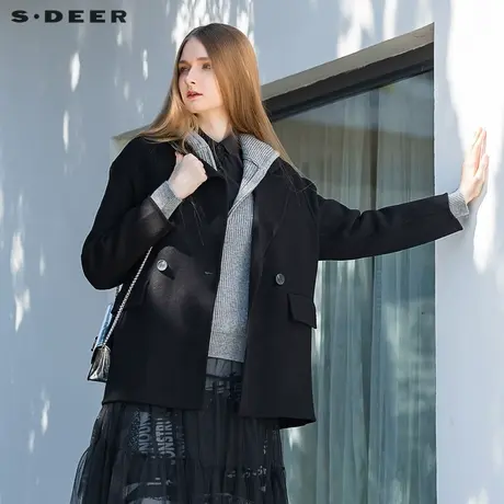 sdeer圣迪奥2021秋冬新品双排扣绵羊毛黑色短款毛呢大衣S21461702图片