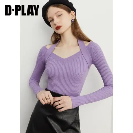 DPLAY春定制香芋紫V领挂脖坎肩套头修身内搭针织打底毛衣图片