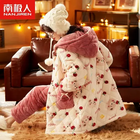 南极人珊瑚绒睡衣女士冬季三层夹棉加厚保暖甜美法兰绒连帽家居服商品大图
