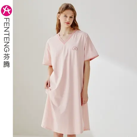 芬腾睡裙女夏季薄款纯棉短袖凉感女士睡衣裙中裙抗菌加大码家居服商品大图