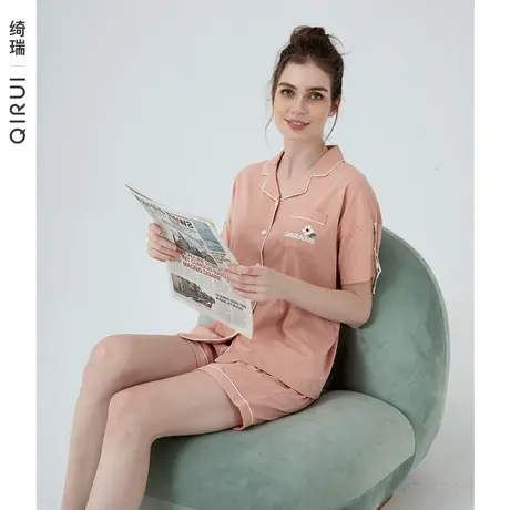 【短袖短裤】绮瑞睡衣女款夏季纯棉薄款开衫韩版家居服套装可外穿图片