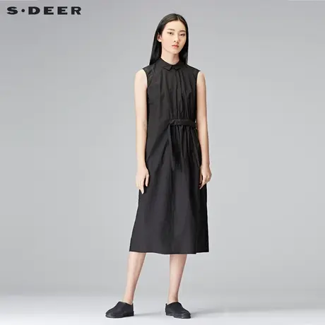 sdeer圣迪奥2019春装酷黑休闲翻领收腰无袖背心连衣裙女S18181219图片