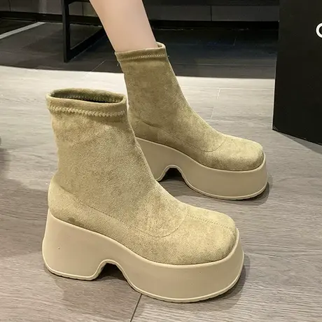 欧洲站增高8cm瘦瘦靴女2023秋季新款小个子厚底复古方头弹力短靴商品大图