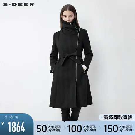 sdeer圣迪奥2021新品不规则领收腰暗条纹毛呢长款大衣女S21481862图片