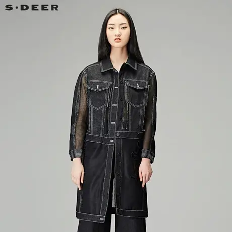 sdeer圣迪奥春装女装时尚纱网牛仔拼接长款风衣外套S18181816图片