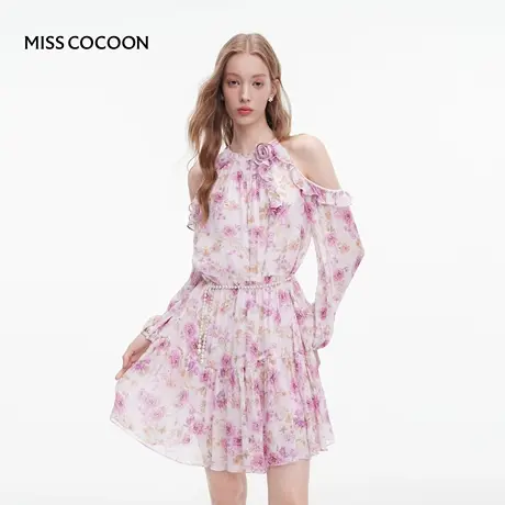 【七七酱专享】MISSCOCOON挂脖长袖裙子法式度假印花连衣裙图片