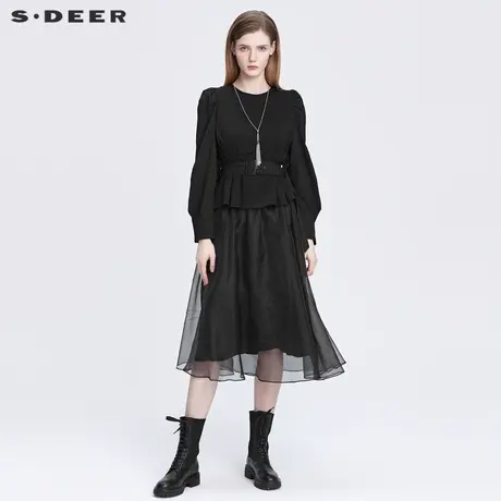 sdeer圣迪奥女2022新款欧根纱收腰吊带两件套黑色连衣裙S22161202图片