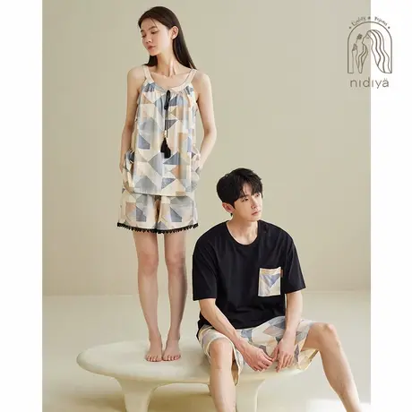 妮狄娅情侣睡衣女夏季纯棉薄款吊带男休闲度假风可外穿家居服套装图片