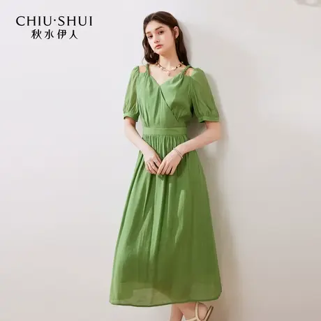 【匡琪琪专享】秋水伊人高级感复古绿色连衣裙夏女V领收腰中长裙图片