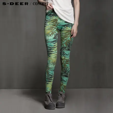 sdeer圣迪奥女装雨林绿植绘意薄款打底裤S15280883商品大图