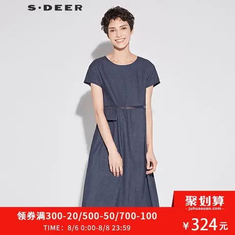 sdeer圣迪奥2019新款夏装圆领短袖网纱拼接口袋连衣裙女S18261269图片