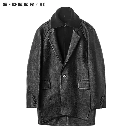 sdeerhe圣迪奥男装酷感新潮皮革质感假两件设计高领大衣H15471750图片