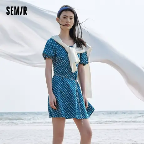 森马牛仔连衣裙女泡泡袖蝴蝶结甜酷俏皮夏季时尚绣花方领短裙潮流图片