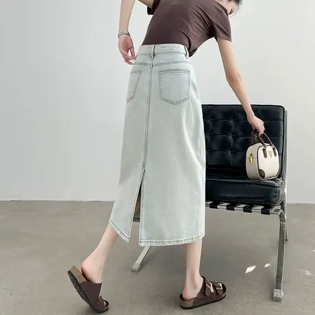复古浅蓝色牛仔半身裙女2025夏季薄款宽松明线a字开叉中长包臀裙图片