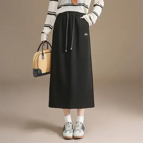 松紧腰抽绳休闲裙女2025秋季新款黑色显瘦百搭半身裙开叉中长裙子图片