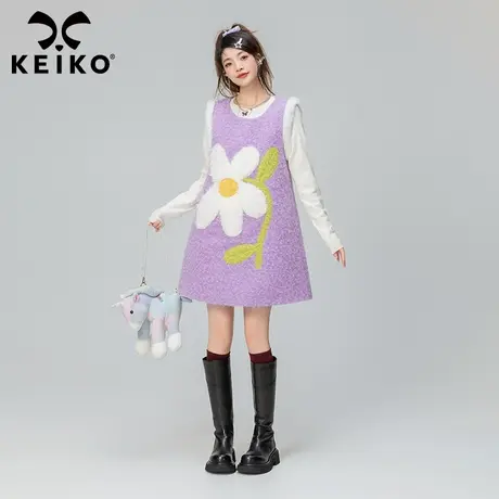 KEIKO  紫色长绒呢背心裙女2023秋冬甜美风手工拼花A字无袖连衣裙图片