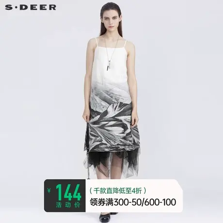 sdeer圣迪奥女夏装文艺时尚印花网纱高级感吊带连衣裙S21281233图片