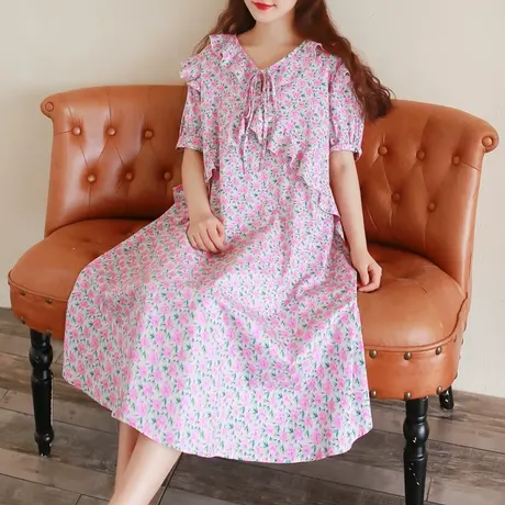 胖妹妹夏季2023新品法式荷叶边领短袖连衣裙大码微胖棉质复古裙子图片