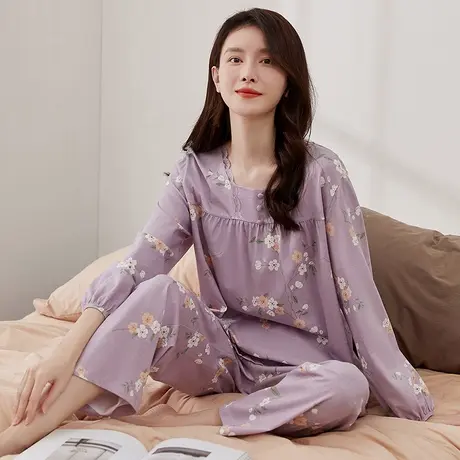 顶瓜瓜春秋纯棉睡衣女士蕾丝印花灯笼袖可外穿薄款家居服套装图片