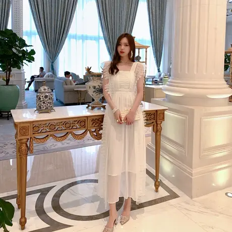 裙子仙女超仙甜美长裙2024夏季新款方领雪纺中长款踝脚很仙连衣裙图片