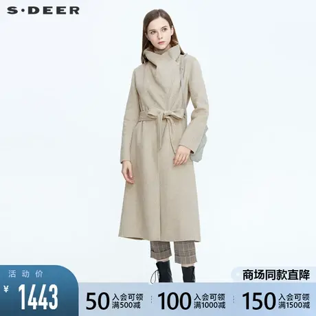 sdeer圣迪奥冬季立领斜襟不规则长款通勤纯色毛呢大衣女S20481862图片