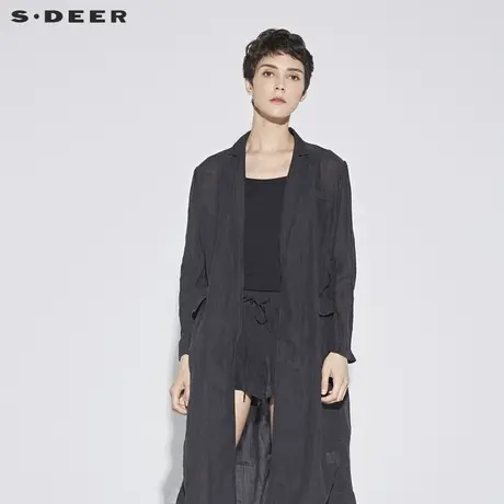 sdeer圣迪奥女装褶皱肌理感文艺薄款苎麻中长款风衣外套S18281820图片
