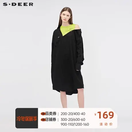 sdeer圣迪奥女新潮休闲不对称露肩撞色字母衬衫连衣裙S19181217图片