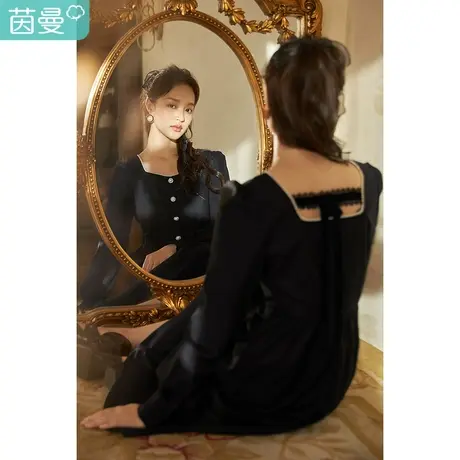 茵曼甜美女2023春季新款蝴蝶结小心机气质方领显瘦收腰a字小黑裙图片