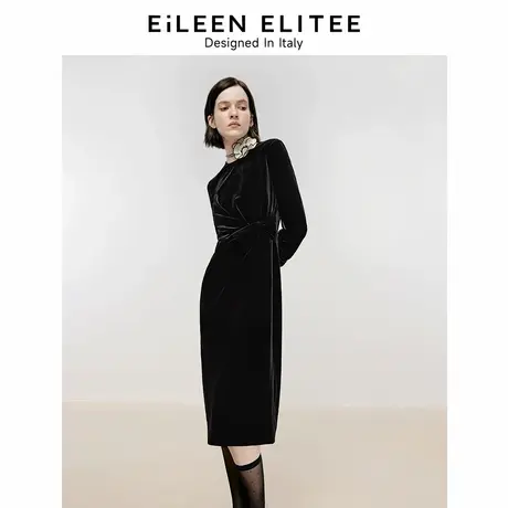 朗姿欧洲EiLEEN ELITEE2024冬新款裙子复古丝绒收腰中长款连衣裙图片