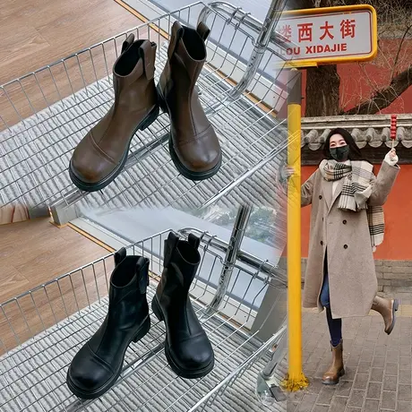 真皮马丁靴女2025秋冬新款粗跟复古英伦风短靴休闲百搭低筒靴子女图片