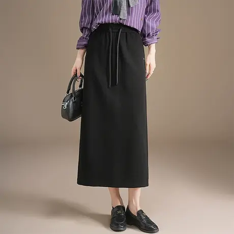 黑色开叉直筒休闲裙女秋季2025新款松紧腰显瘦半身裙时尚百搭长裙图片